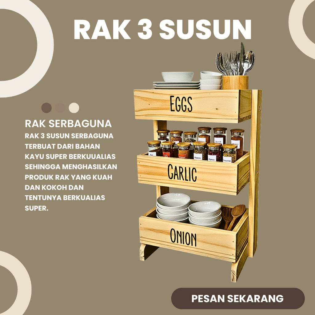 RAK BUMBU SAYUR 3 SUSUN BAHAN KAYU JATI BELANDA