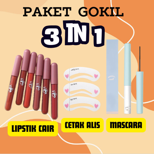 PAKET GOKIL 3 IN 1 SET MAKE UP , LIPSTIK CAIR 6PCS + MASCARA + CETAK ALIS -Sixteen nine | sixteen sh