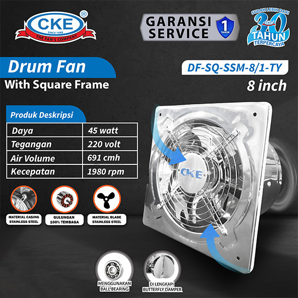 CKE Exhaust Fan 8 Inch Stainless Steel Duct Booster Fan Plafon Dinding Besi