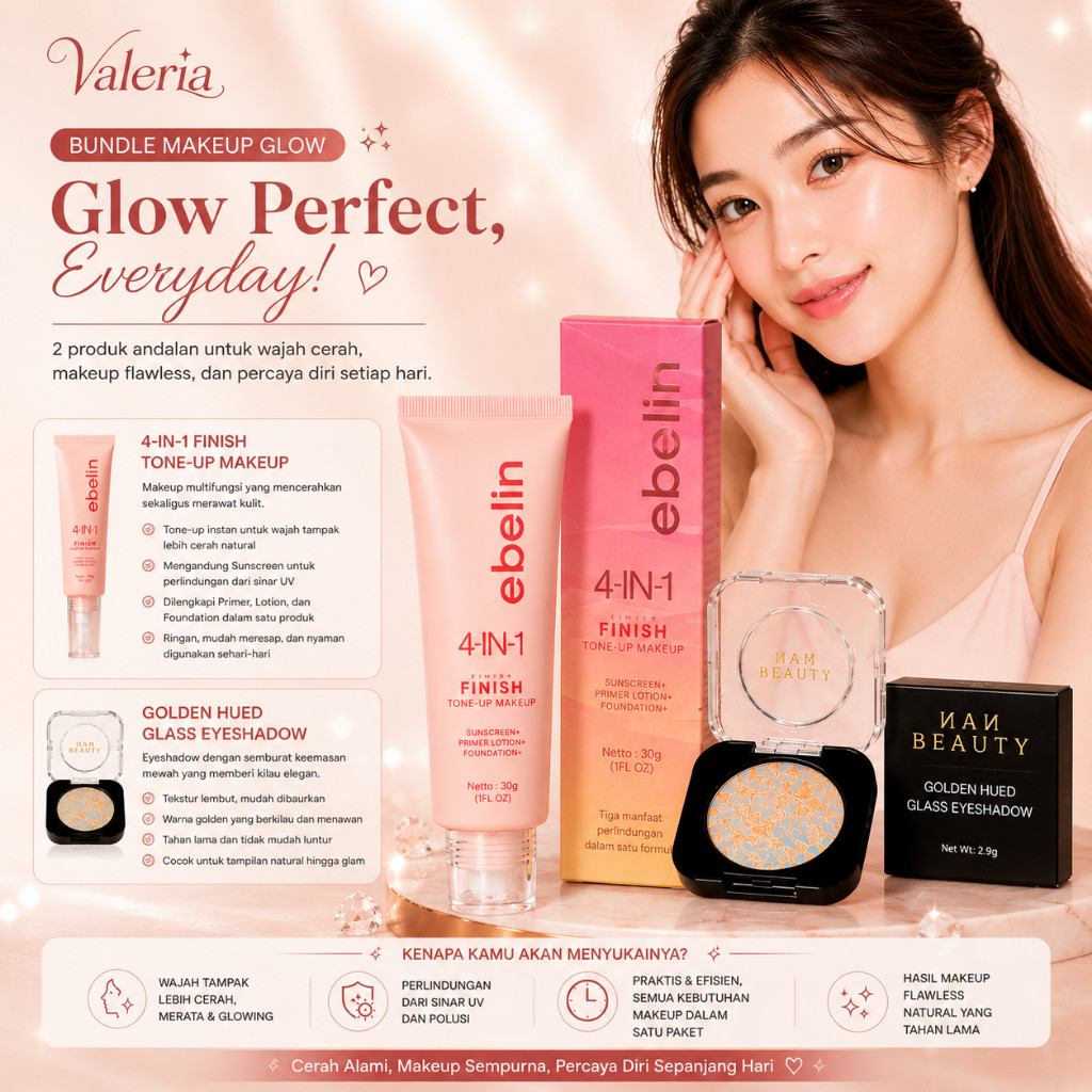 Bundle Ebelin Tone Up Cream 4 In 1 + Nan Beauty Golden Glass Eyeshadow Glitter Tahan Lama Natural Fl