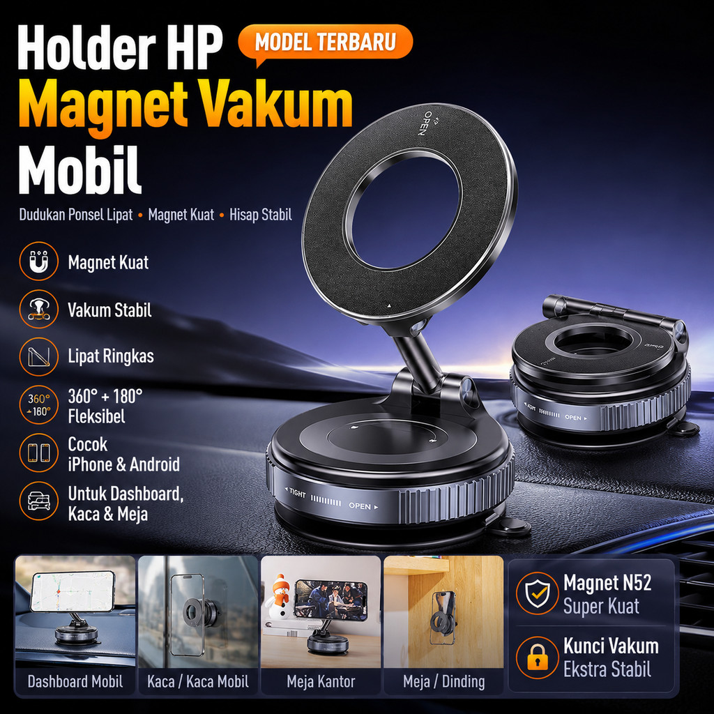 Holder HP Magnet Vakum Mobil Dudukan Ponsel Suction Kuat Lipat Portable Tanpa Bekas untuk Dashboard 