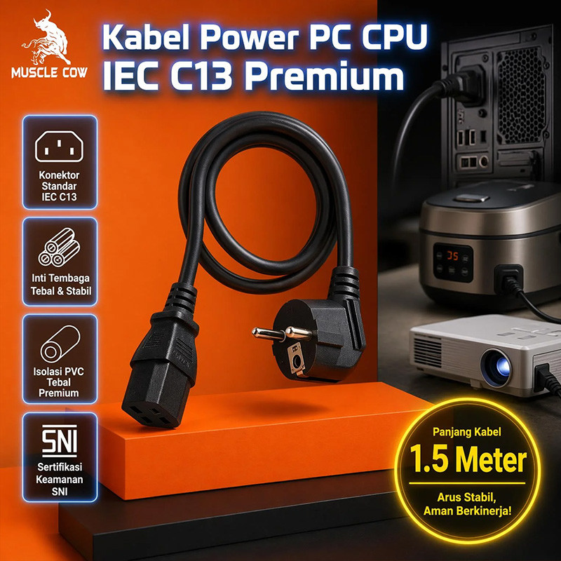 MUSCLE COW Kabel Power Komputer 1.5M, Steker Kokoh, Kabel Tebal Fleksibel, Ideal untuk CPU, Monitor,