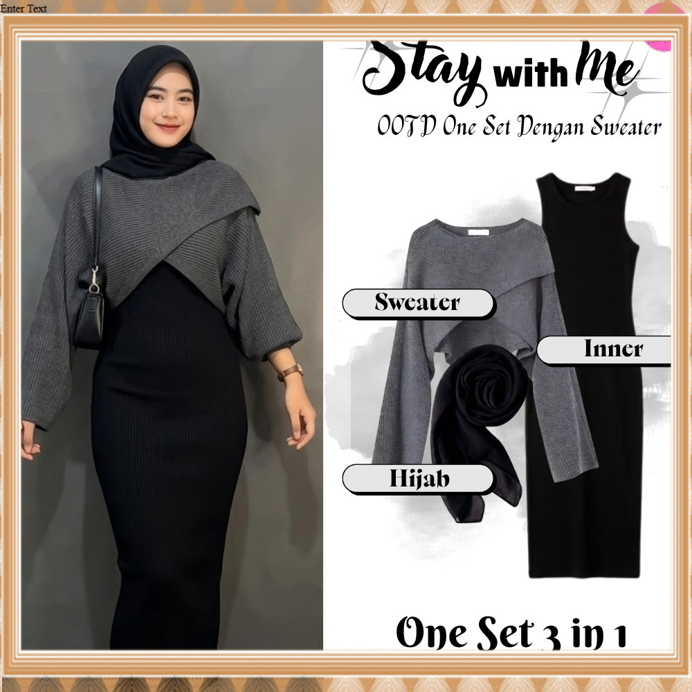 Set 3 in 1 Sweater Shea Rajut Cewek Oversize Outfit Wanita Muslim Simple Elegan & Modish (Sweater + 