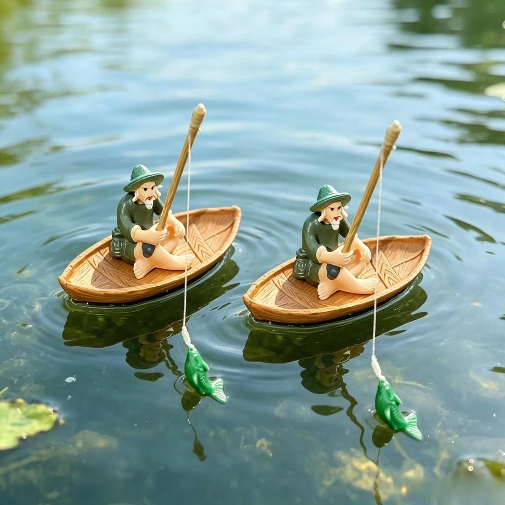 2 Orang Tua + 2 Ikan + 2 Perahu Hias, Dekorasi Pemancing Tua, Dekorasi Akuarium Ikan Pemancing Tua, 