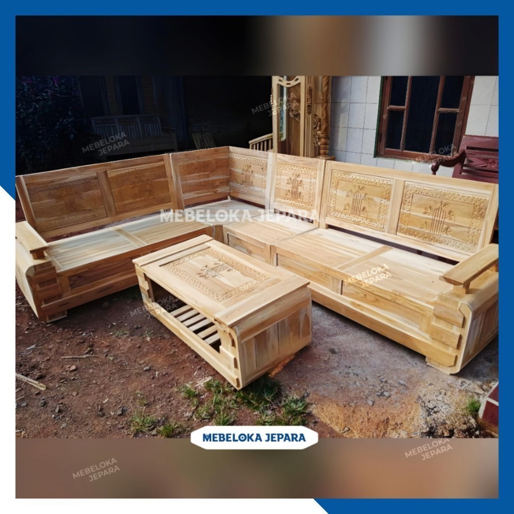 Kursi ruang tamu sudut jati ukiran bambu domini. Set meja tamu sudut kayu jati