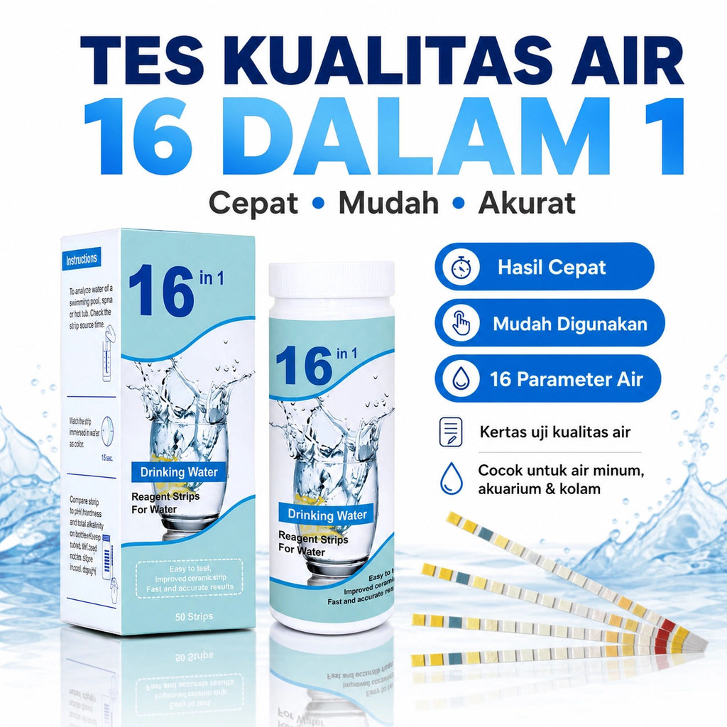 50pcs Strip Water Test Strip 16 In 1 Alat Uji Kualitas Air Minum Aquarium Kolam PH Tester Iron Flour