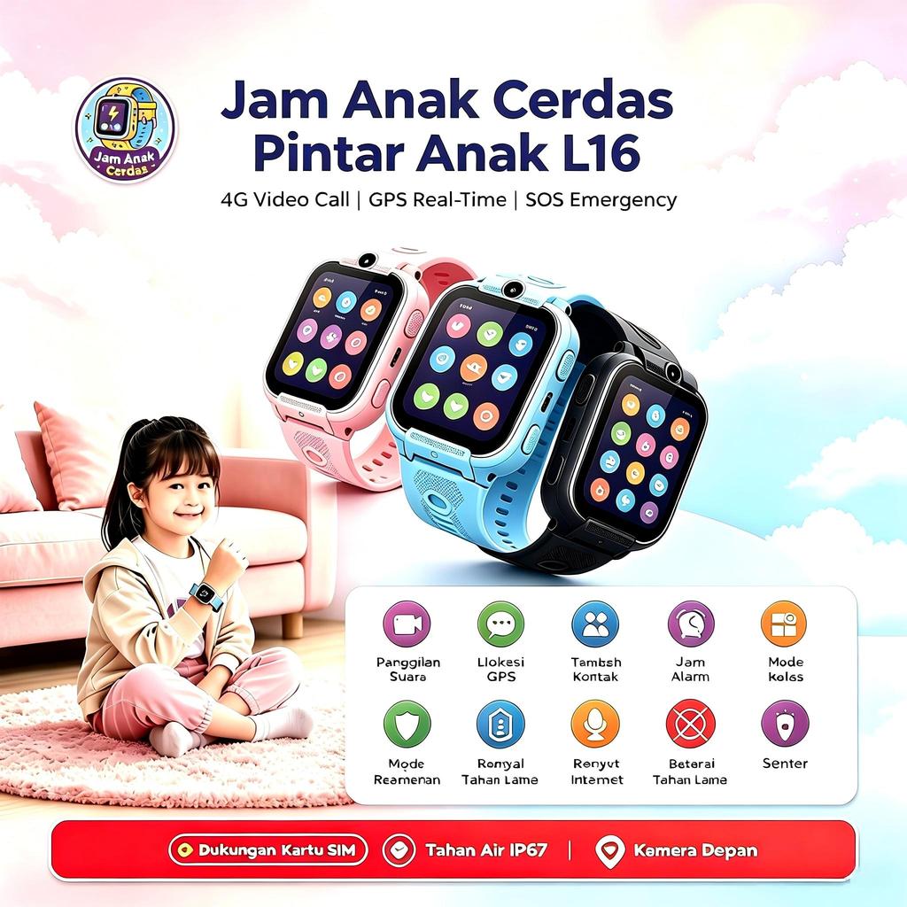 L16 Smartwatch Telepon Anak 4G LTE, Fitur Keamanan Lengkap GPS Pelacakan, SOS Darurat, Pagar Elektro