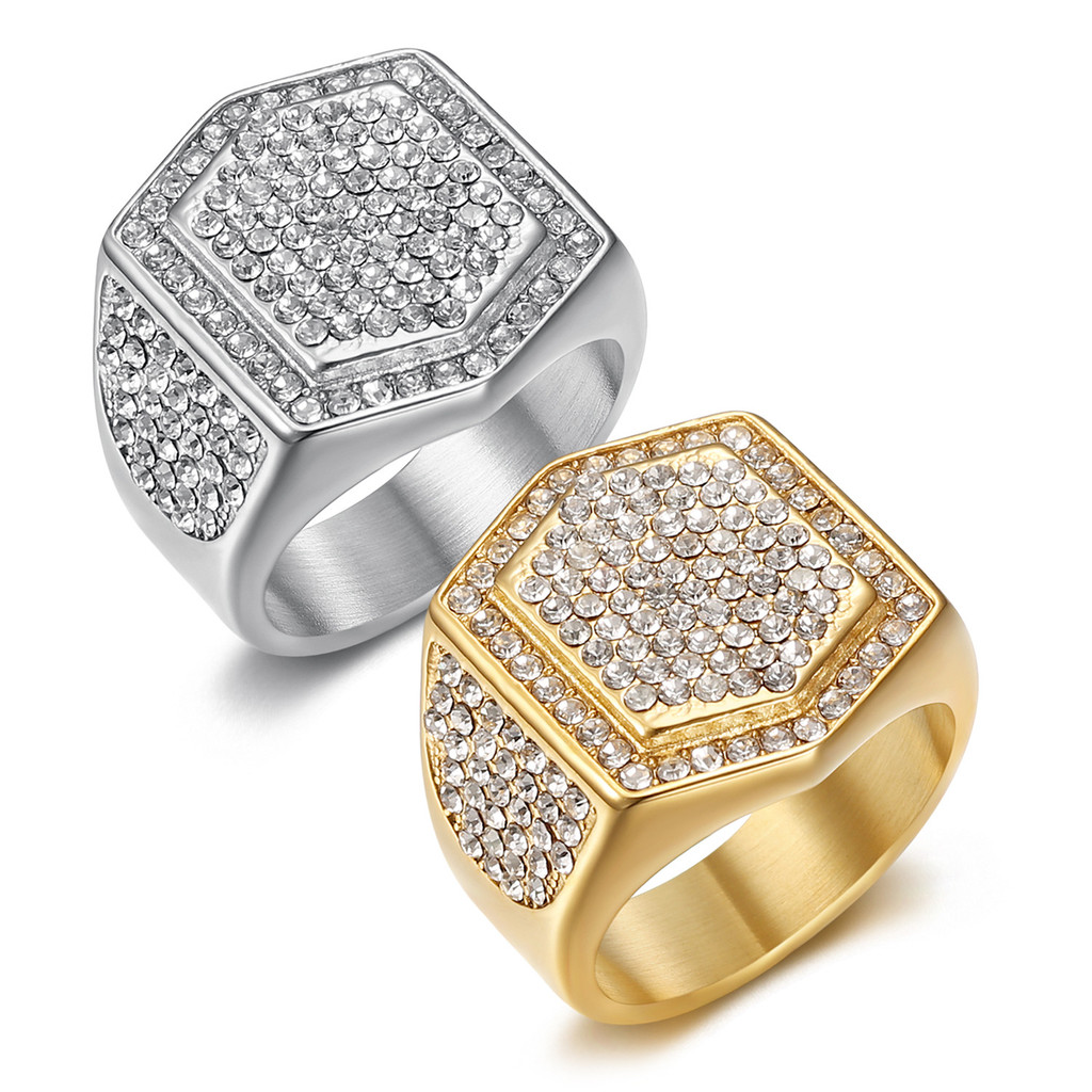 Cincin Pria Mewah Berlian Penuh Berlapis Emas Stainless Steel