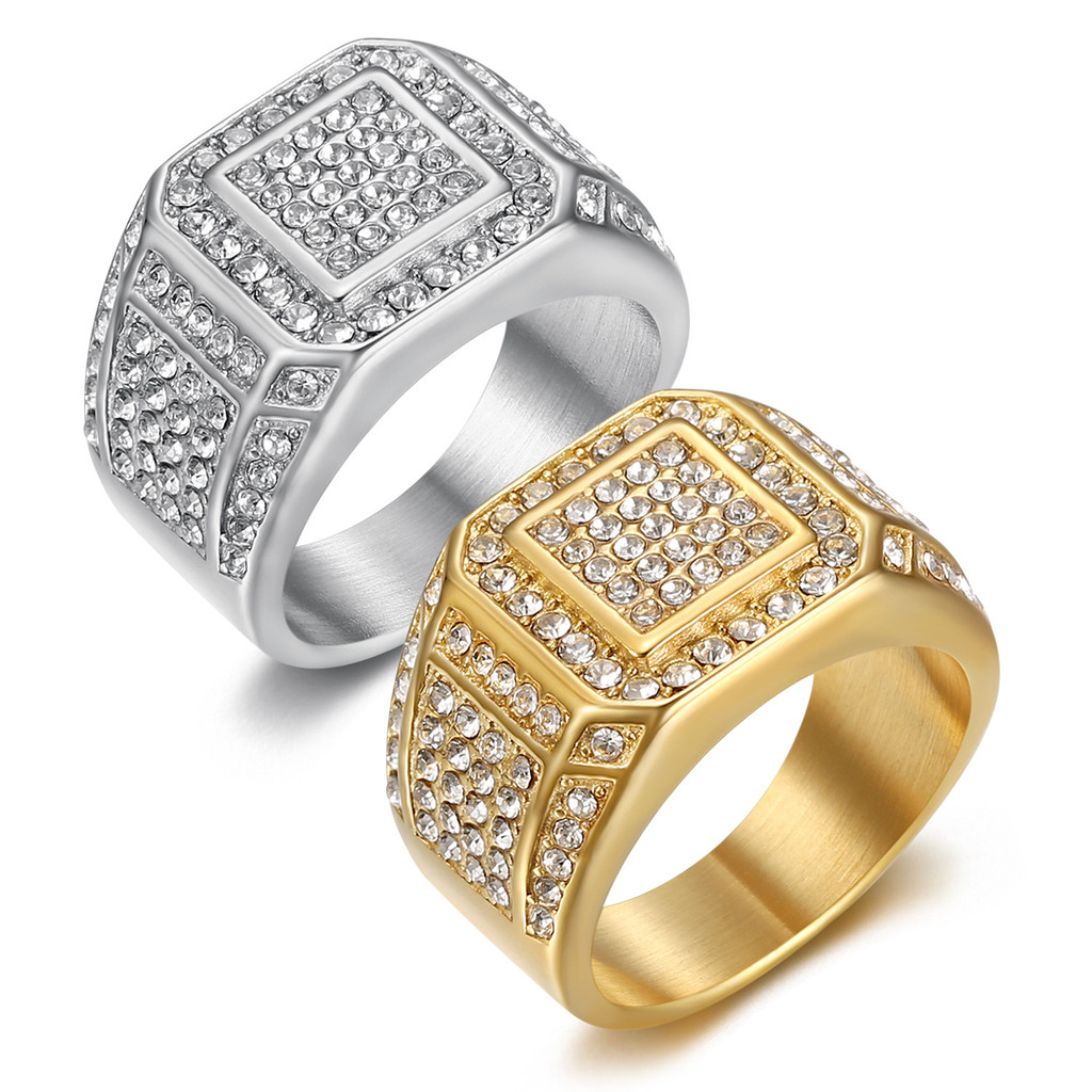 Titanium Steel Gold Disepuh Cincin Pria Mewah Berlian Penuh