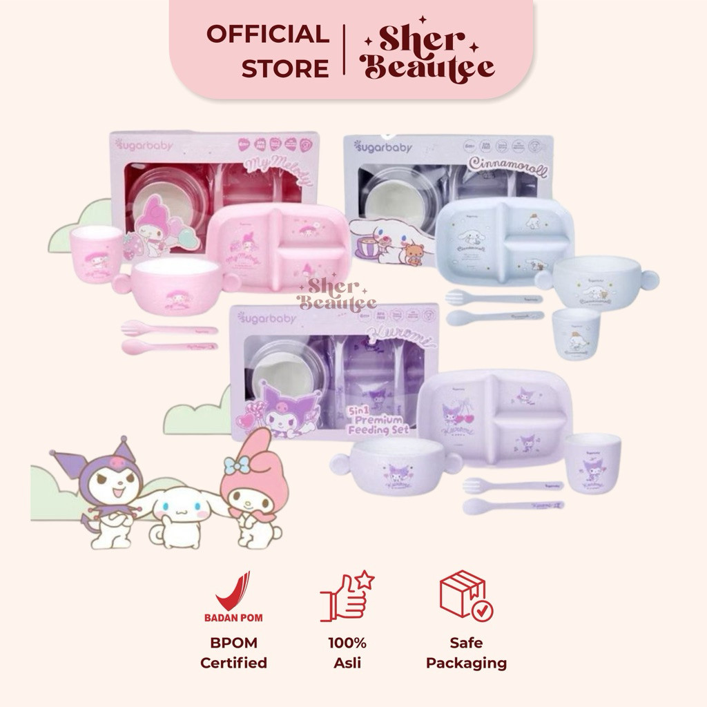 SUGAR BABY 5in1 Premium Feeding Set Sanrio Collection | Set Alat Makan Bayi | Perlengkapan Makan MPA