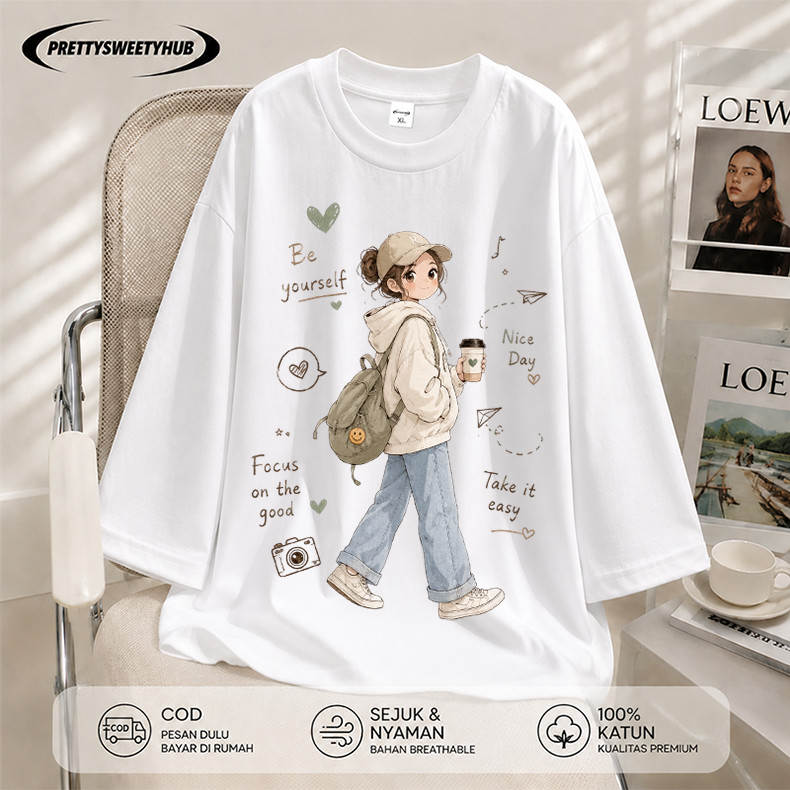 Pretty Sweety Hub - Kaos Wanita Oversize Lengan 7/8 Motif Cute Girl Korean Style Cotton Casual Haria