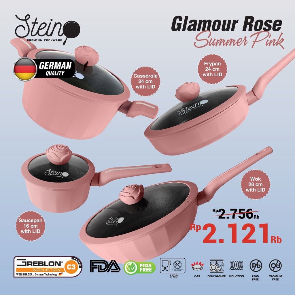 [VOUCHER 40RB] Steincookware Stein Glamour Rose Set 4 in 1 Panci Set Granite German ( Fry Pan 24 cm 