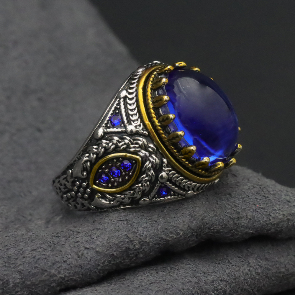 Cincin Pria Vintage Perak Emas Baja Titanium Batu Safir Biru Ukiran Intrikat Desain Khas Mewah Elega