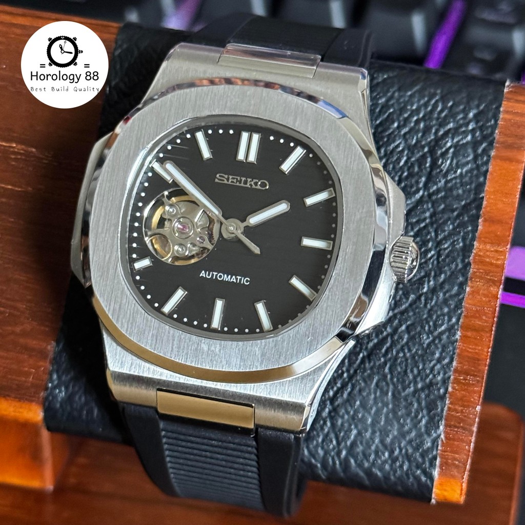 Seiko Naut Black Open Heart NH38 Automatic Rubber Sporty