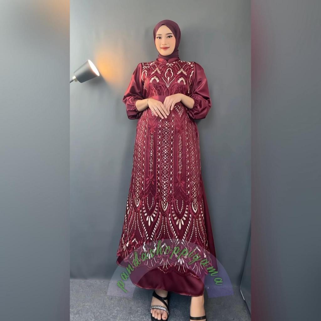 [Padu Dress] Gamis Brokat Modern Marun – Gamis Jumbo Premium untuk Pesta, Kondangan & Lebaran