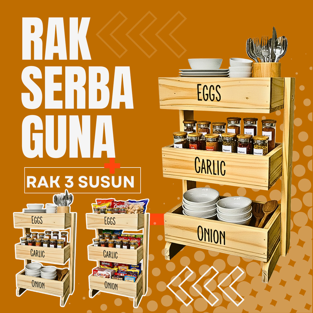 Rak bawang kayu 3 susun / Rak dapur / Rak kosmetik/ Rak perkakas/ Rak bawang