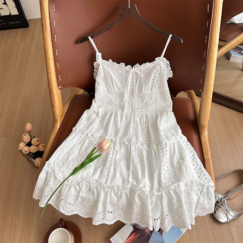 Lace Sling Dress Korean Style Slimming White Lace Jacquard A-Line Dress