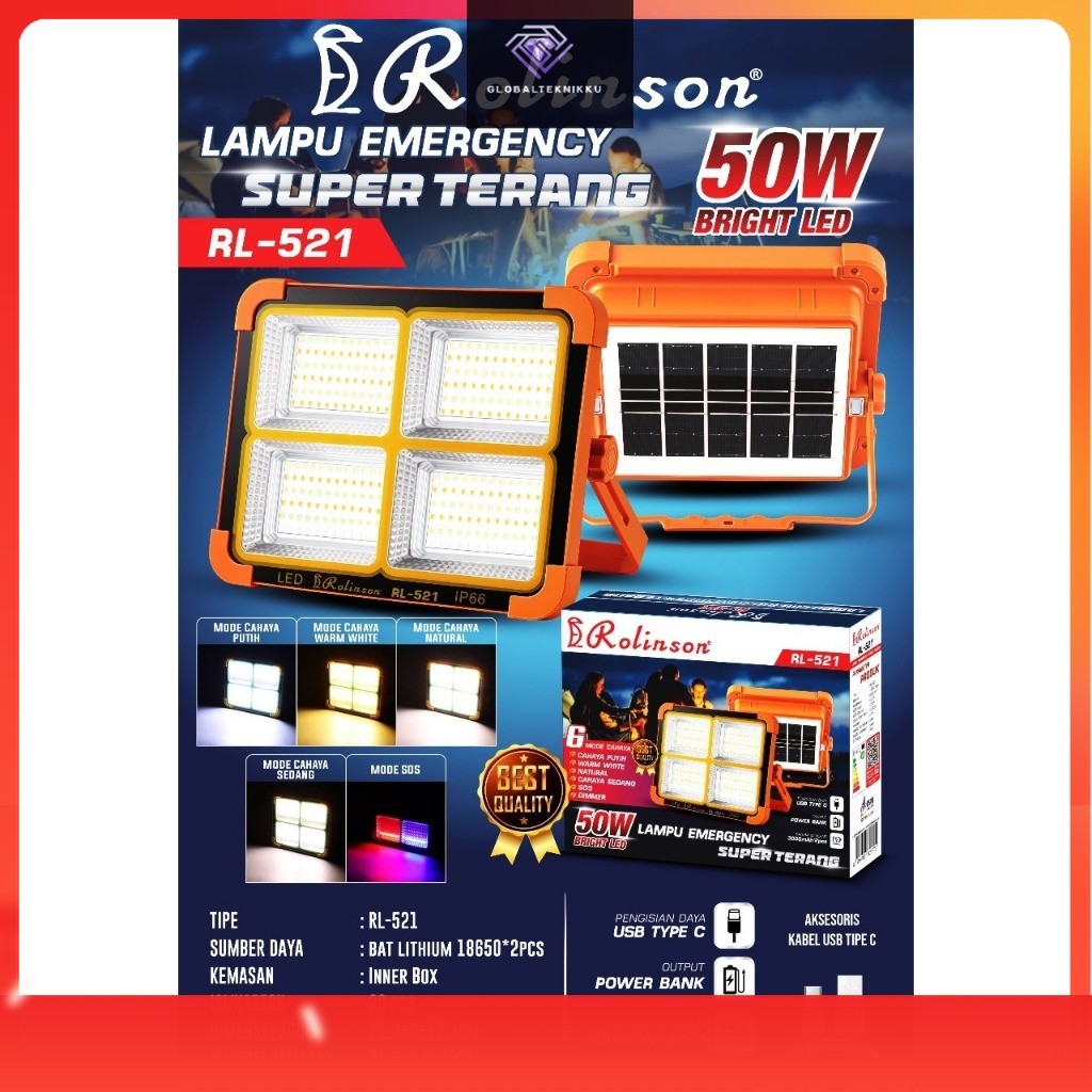 Lampu Emergency Tenaga Surya 50W RL 521 Rolinson/Emergensi LED Super Terang Bagus Murah