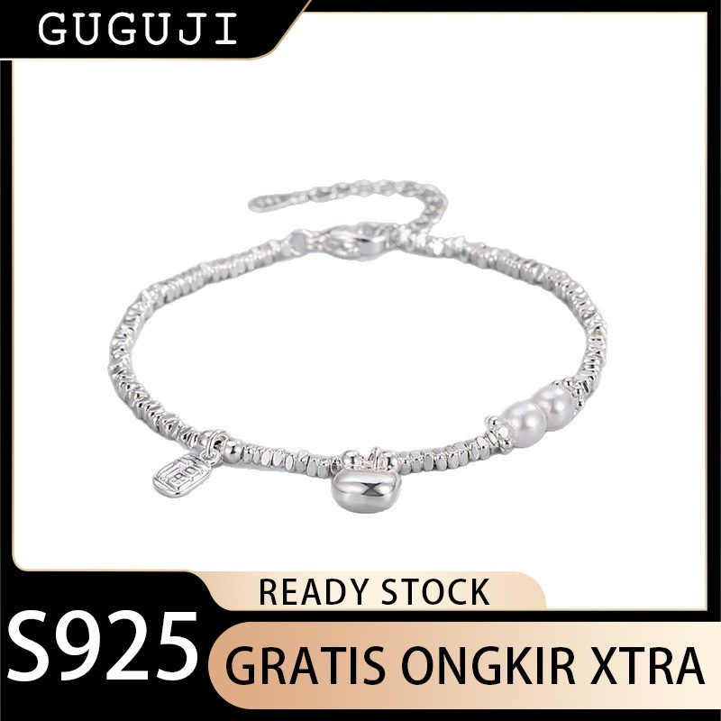 GUGUJI Gelang Perak 925 Berat Perak Patah untuk Wanita Liontin Mutiara Keberuntungan Gelang Vintage 