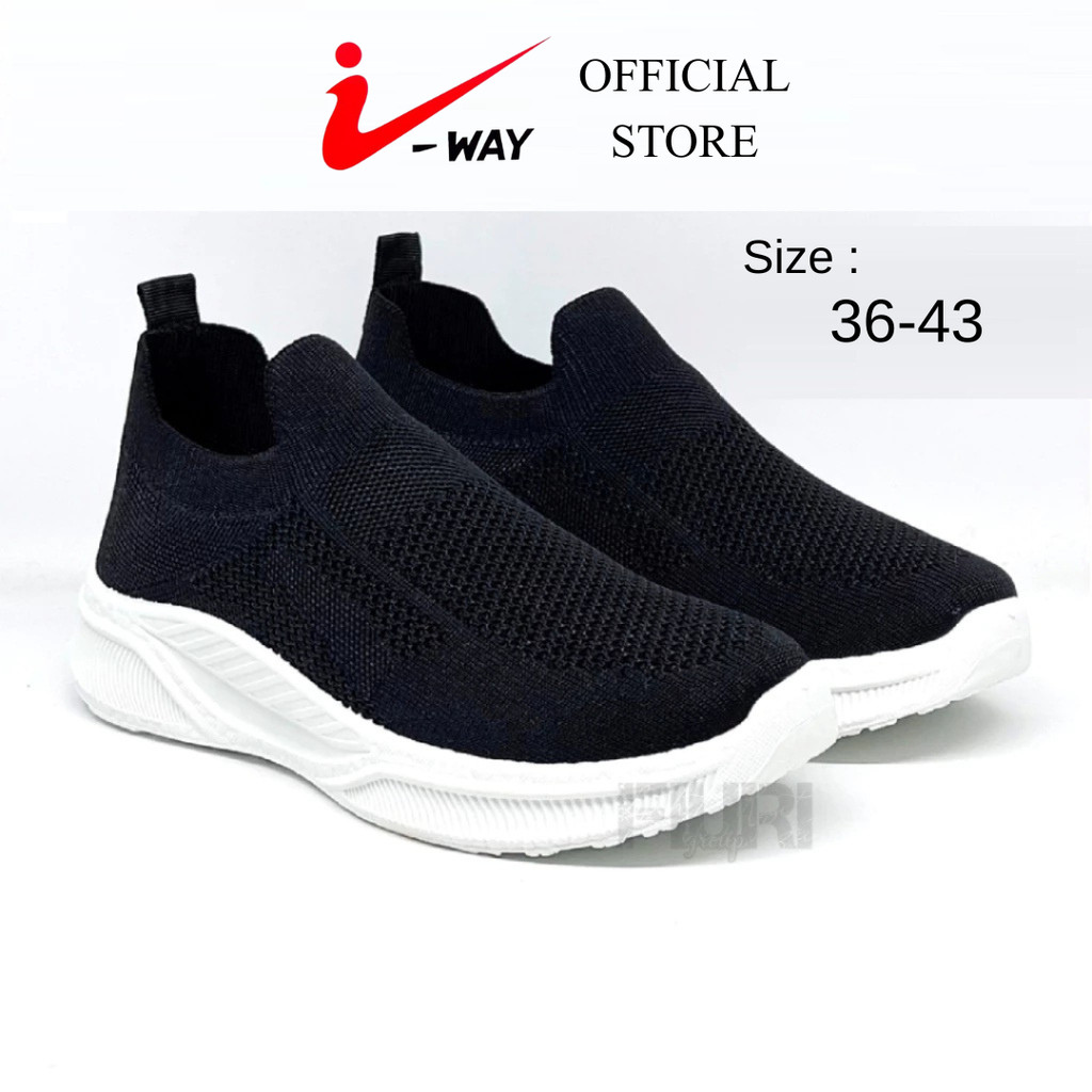 I-Way - Sneakers Slip On 36-40 - Sepatu Knit Rajut Olahraga Pria Wanita - Hitam Putih