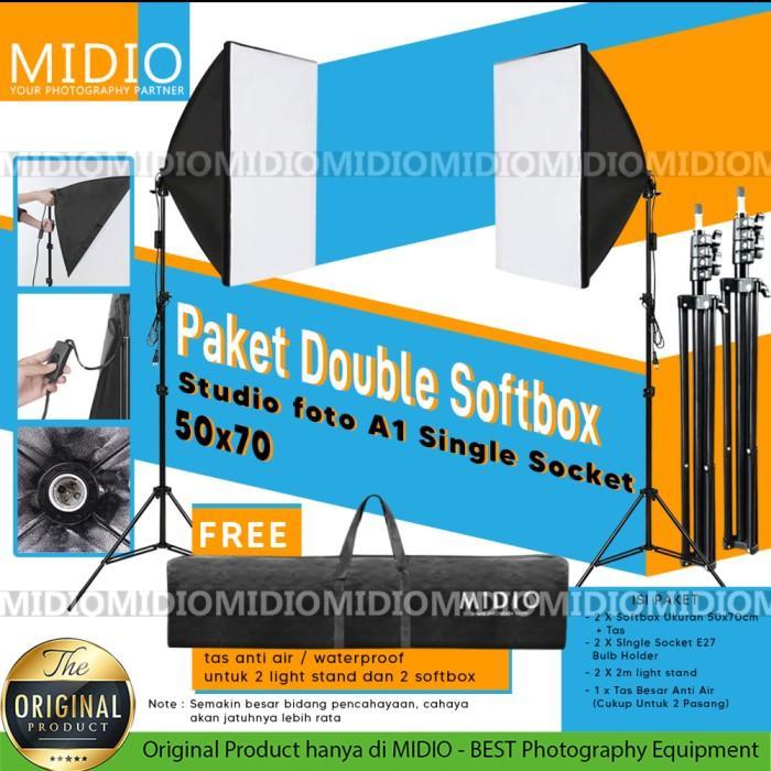 Paket Double Softbox Midio A1 + 2 Light Stand 2M + 2 Socket E27 + Tas Waterproof – Pilih Ukuran Soft