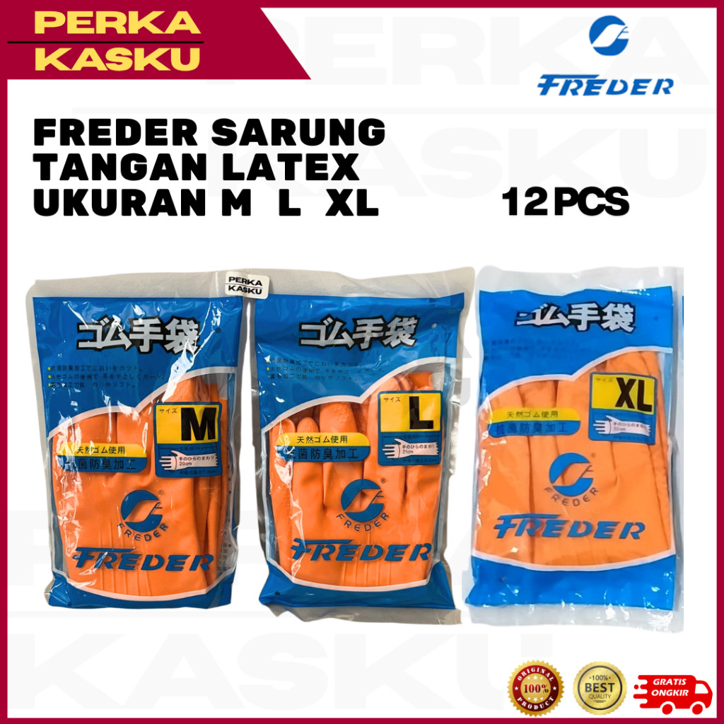 [12 PSG/PACK] Sarung Tangan Latex FREDER Ukuran M  L XL – Sarung Tangan Karet Anti Air & Anti Licin 