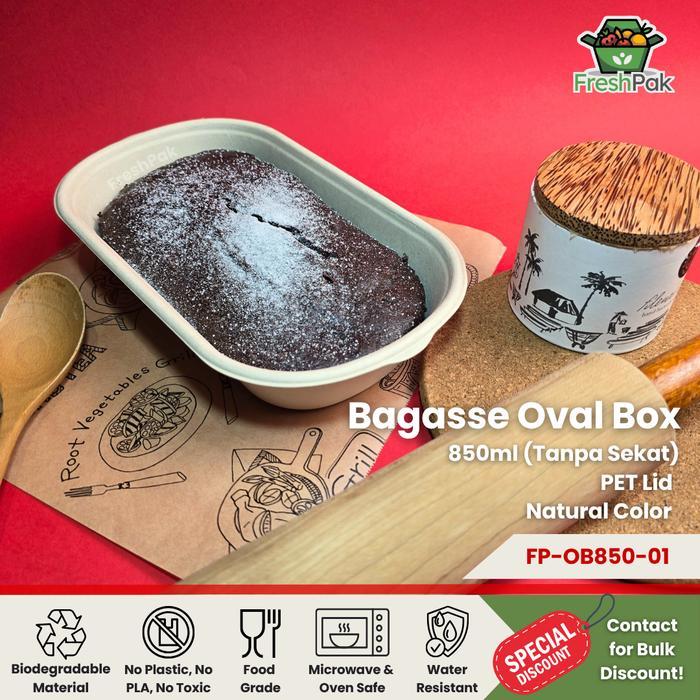 [50 Pcs] FreshPak Bagasse Oval Box 850 ml Sugarcane Eco Friendly Packaging - Bagasse