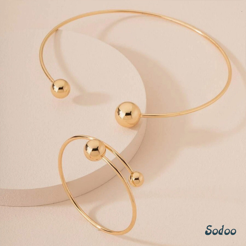 [COD] Set Perhiasan Bola Logam Wanita Gelang Terbuka Kalung Choker Terbuka Pernyataan Gaya yang Dapa
