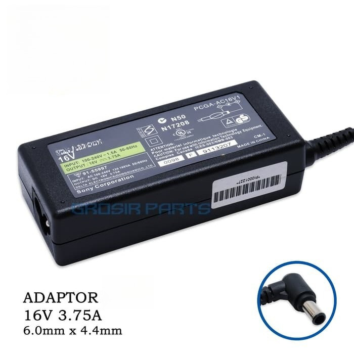 O1-Adaptor Charger Sony Vaio PCG PCG-505 VGN-TXN25FN VGN-TZ 16V 3.75A (6.0*4.4)MM