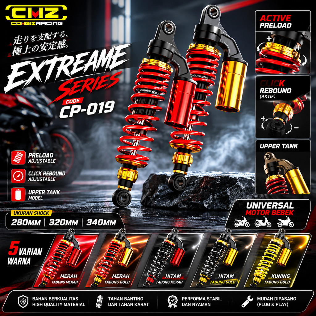 Shockbreaker Belakang CMZ Extreme Series 280 320 340MM – Klik Rebound Tabung Atas Super Stabil Unive
