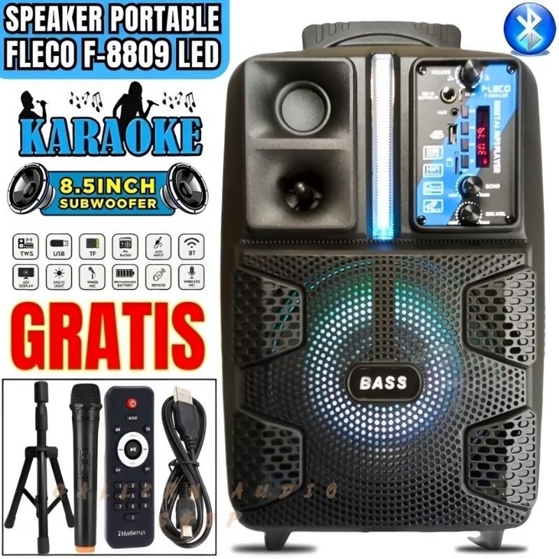 Speaker Bluetooth Free Mic Wireless + Stand Fleco 8809 LED Speker Portable Salon Aktif F-8809Led
