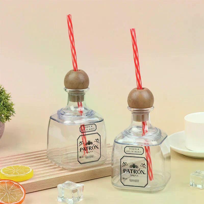 375ml Mini Tequila Bottle With Straw Hole Acrylic Reusable Cup Small Patron Bottle Empty For Drinkin