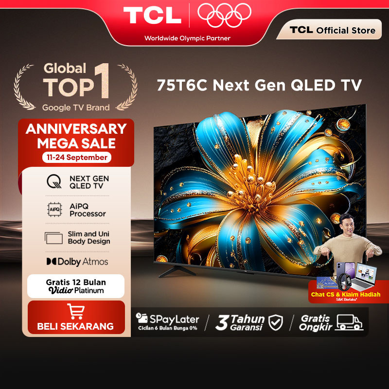 TCL Next Gen QLED 75 inch T6C - 4K Google TV - HVA Panel - HDR 10+ - Dolby Vision & Atmos - Google A