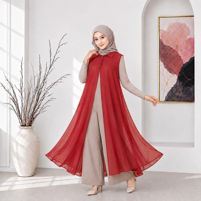Promo Outer Cardigan Panjang Ceruty Polos Merah Cabe Kekinian Tanpa Lengan By Azka Collection - MERA