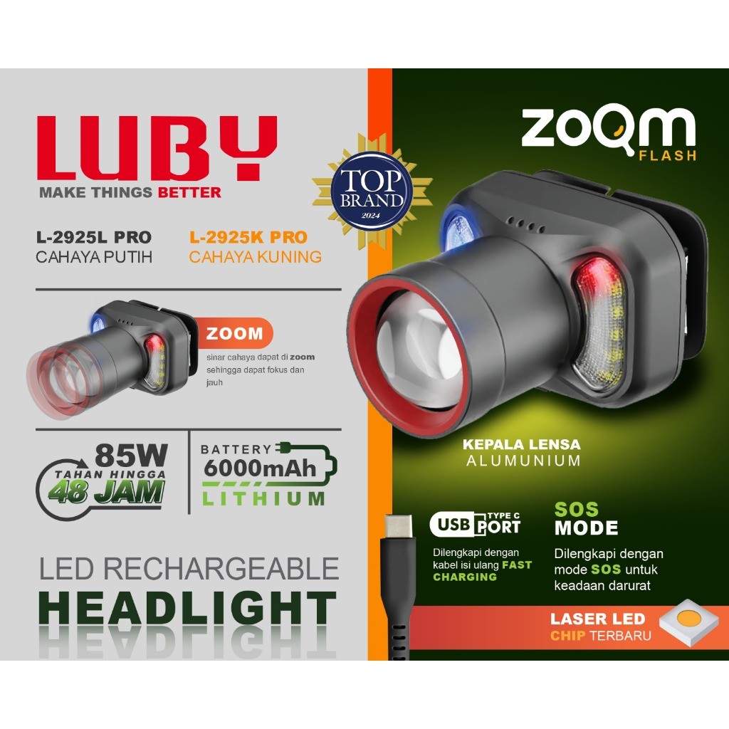 LUBY Senter Kepala ZOOM L-2925L PRO Laser LED 85 Watt Cahaya Maksimal Plus RechargePro 3 Mode Cahaya