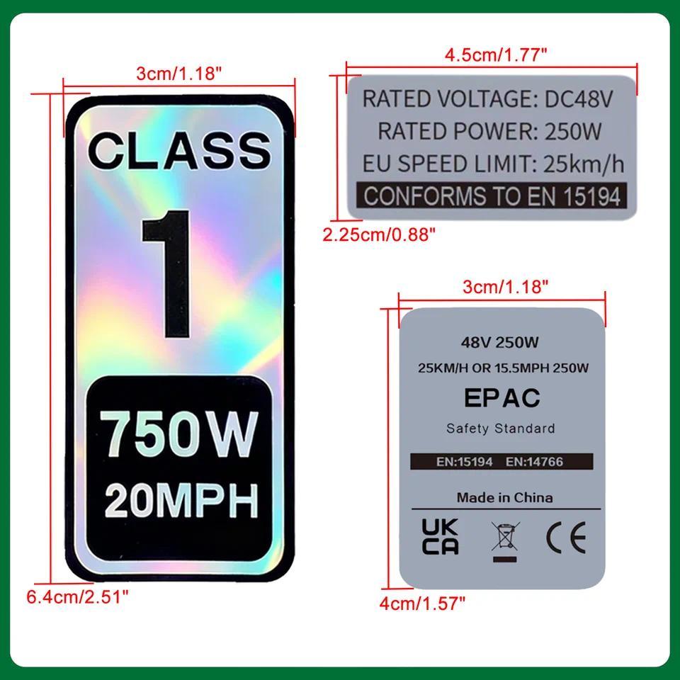 Waterproof EBike Decal Sticker Class 1 2 3 EPAC Label 250W 750W for Bafang Tongsheng Conversion Kit