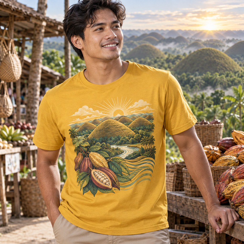 Kaos Pria Katun Motif Chocolate Hills Kakao | Outfit Bohol