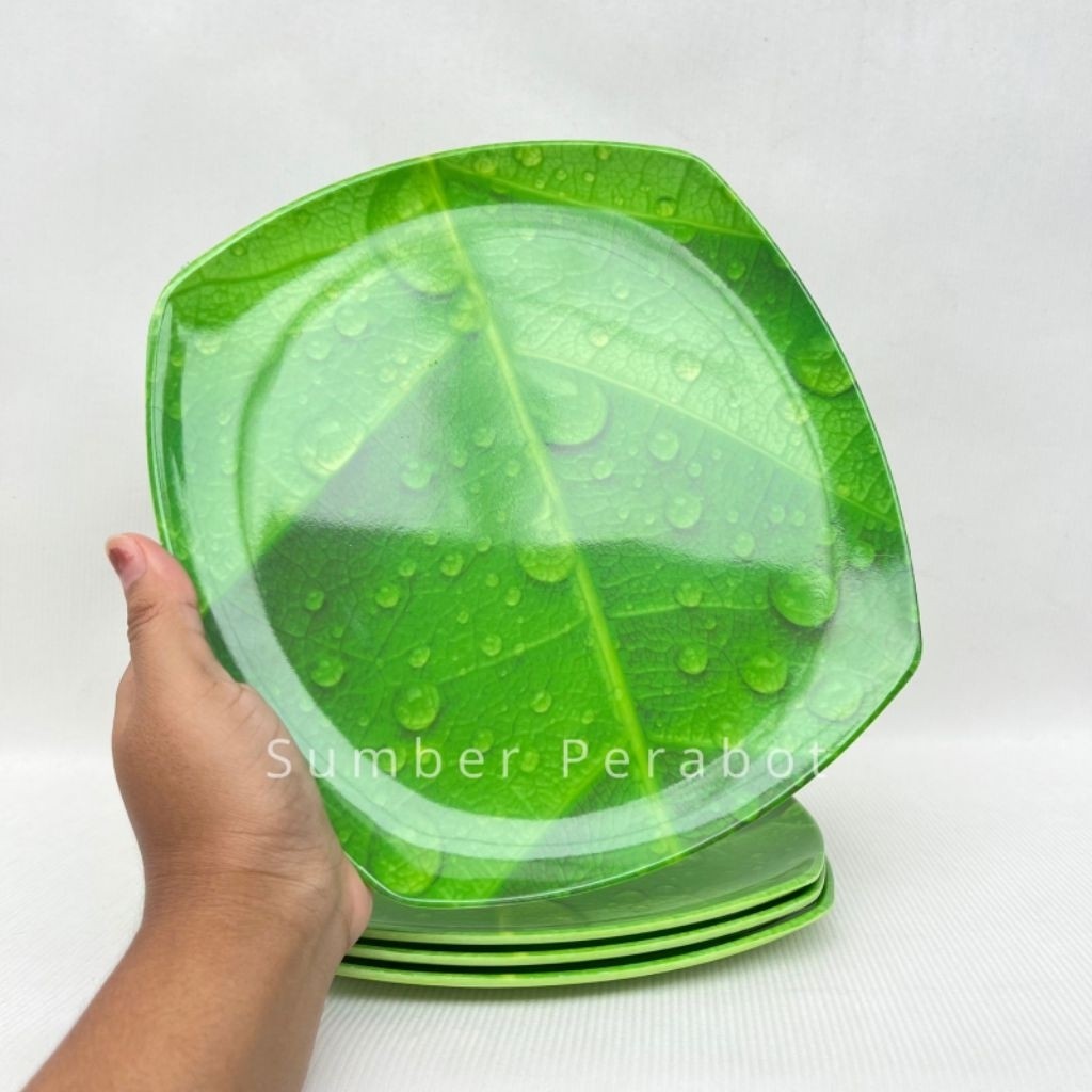 6pcs-1lusin - Piring Persegi Motif Daun 9inch - Piring Kotak Melamin Ceper  - Piring Kotak Ceper