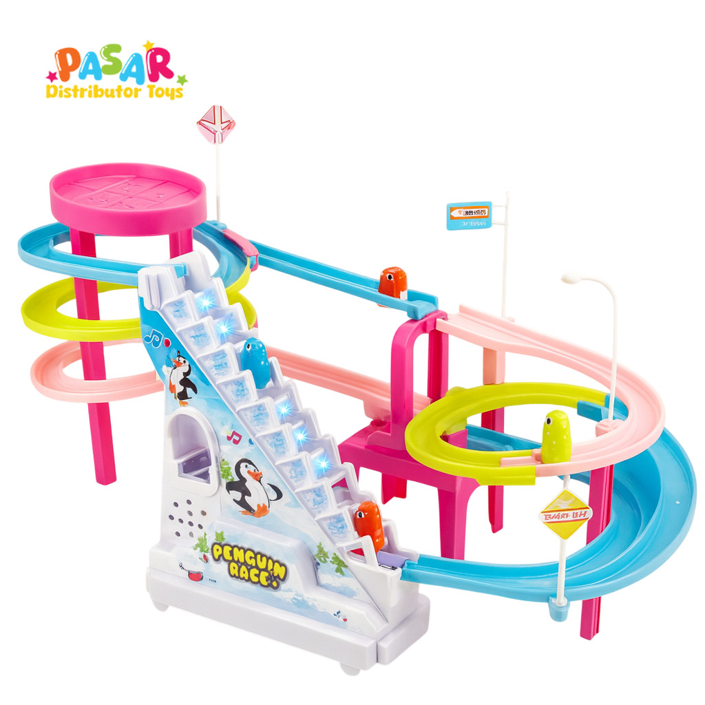 Mainan Anak Penguin Race Track Series Mainan Tangga Eskalator Ada Lampu Musik Edukasi Anak