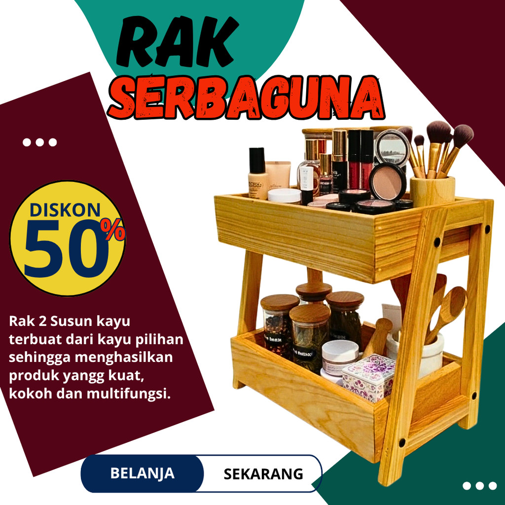 Rak Kayu Serbaguna Susun 2 Rak Skincare Rak Perkakas Minimalis