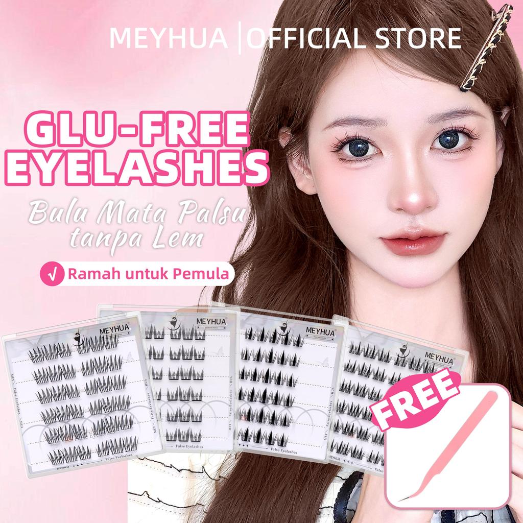 [Tanpa Lem] Meyhua Bulu Mata Palsu Free Pinset Pink Bulumata Serat Kapas Hitam Pekat