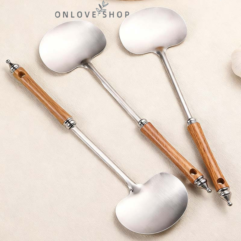Pegangan Kayu Stainless Steel Jamur Sekop Spatula Rumah Tangga Stir Fry Sendok Panjang Pegangan ONLO