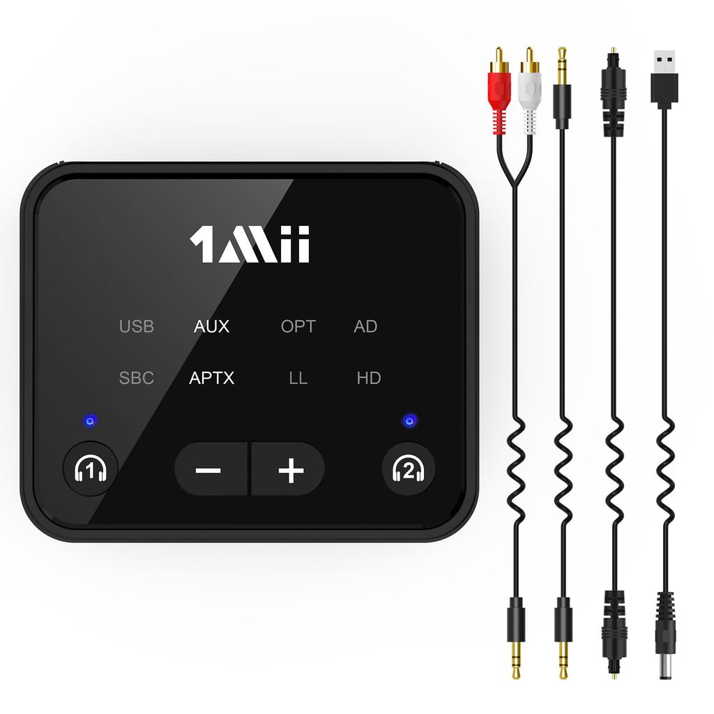 1Mii-B06T6 Bluetooth 5.3 Transmitter for TV to 2 Wireless Headphones, Bluetooth Adapter,aptX LL& HD,