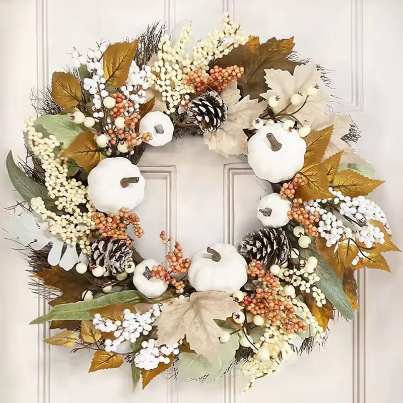 Halloween Autumn Maple Leaf Pumpkin Wreath Thanksgiving Holiday Wreath Artificial Flower Decoration 