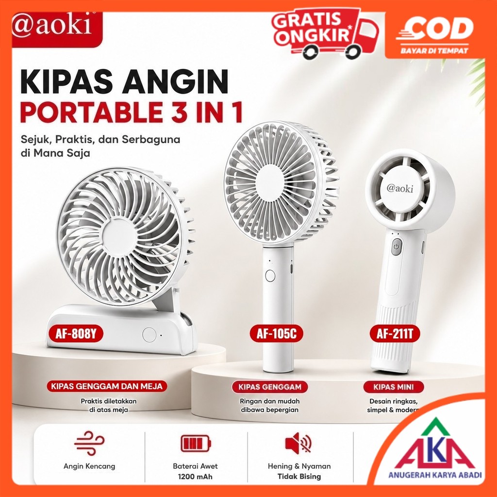 AOKI Foldable Handy Fan AF-105C / AF-808Y / AF-211T Kipas Angin Genggam Mini Lipat Rechargeable Lith