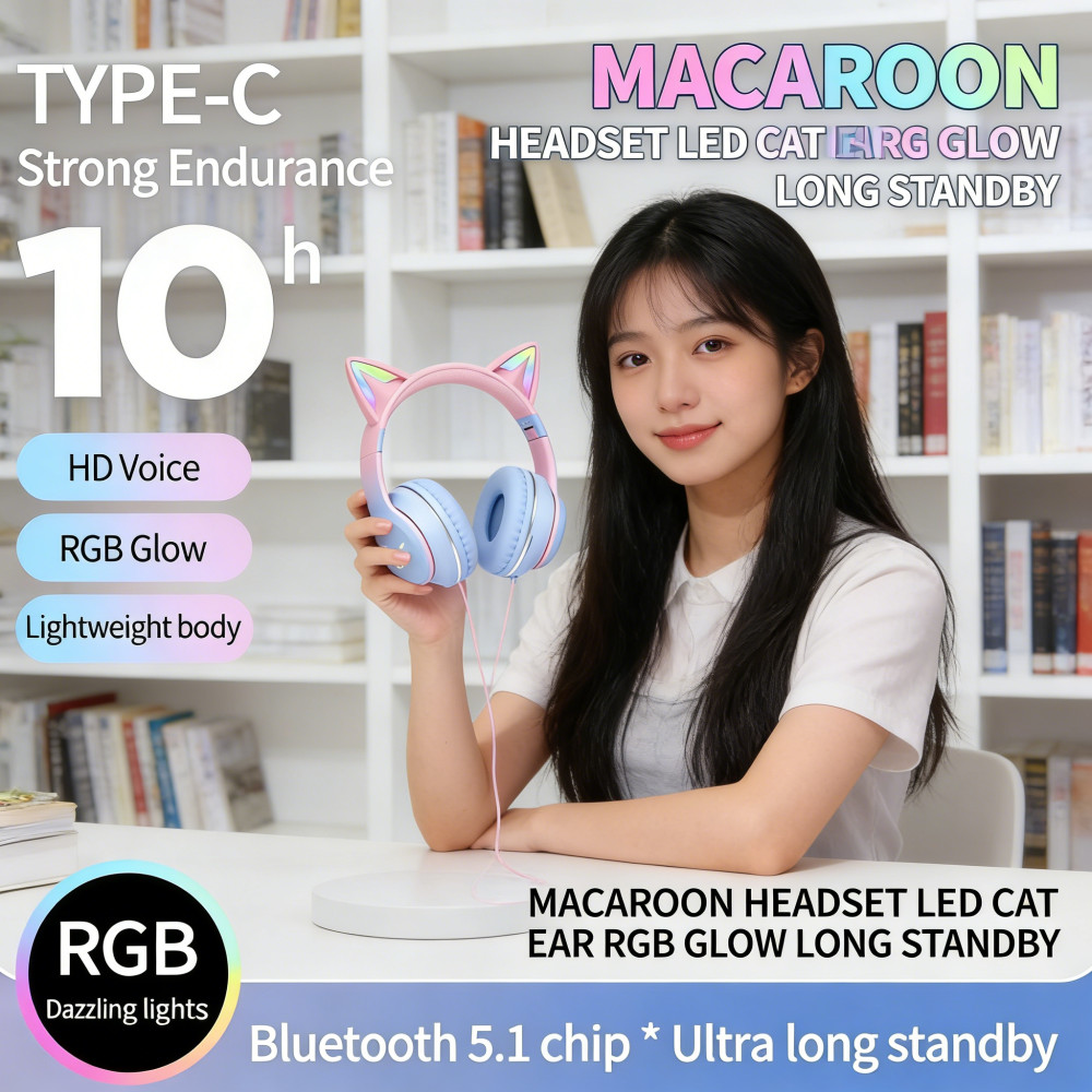 Headphone Wireless Bando Bloetooth Lipat Lucu On Ear Headset Anak Macaroon Gaming Bass Cat Ear Headp