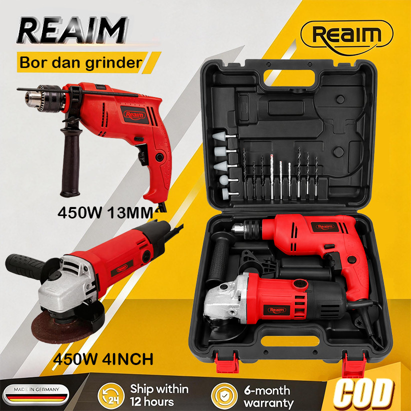 Reaim Mesin Bor Listrik 13mm & Gerinda Tangan 4 Inch 2-in-1 Set 450W - Mesin Bor Impact & Grinder