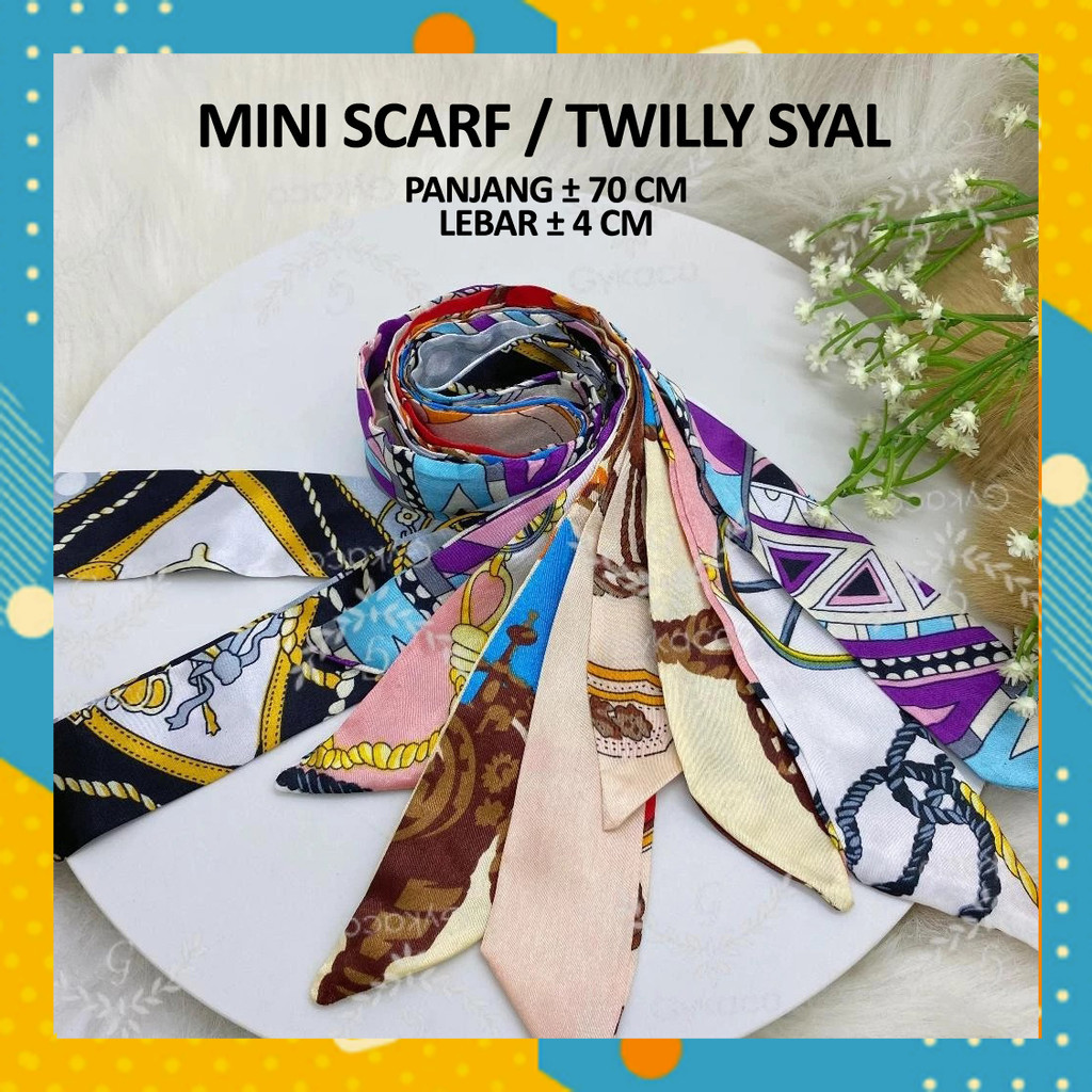 Syal Lilit Pegangan Tas Hampers Kado Mini Scarf Scraf Dekorasi Pita Ikat Rambut Satin Print Warna Ca