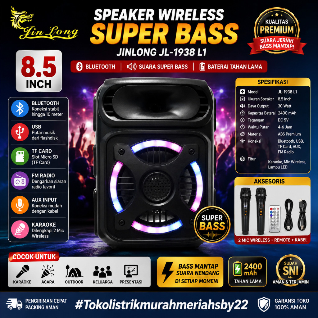 Speaker Wireless Super Bass JINLONG JL-1938 L1 8.5 Inch | Bluetooth Speaker Portable | USB TF Card F