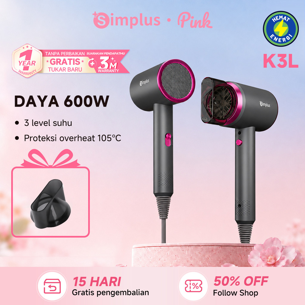 Simpluspink D1 Hair Dryer 600W 3 Suhu | Pengering Rambut Mini Portable Blower Hemat Listrik